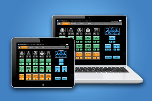 Tablet and laptop displaying a color-coded control dashboard with blue, green, orange blocks.