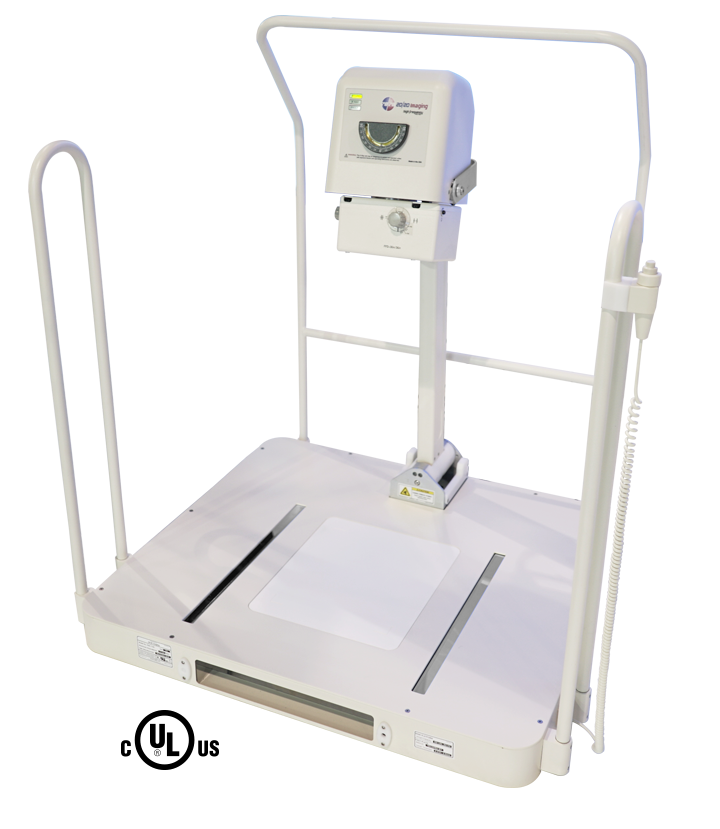 Floor-standing medical x-ray imaging stand with vertical column and adjustable camera head for radiographs (no patient).