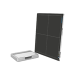 Large pen display/tablet with a dark drawing surface divided into four sections, standing upright next to a small gray docking base.