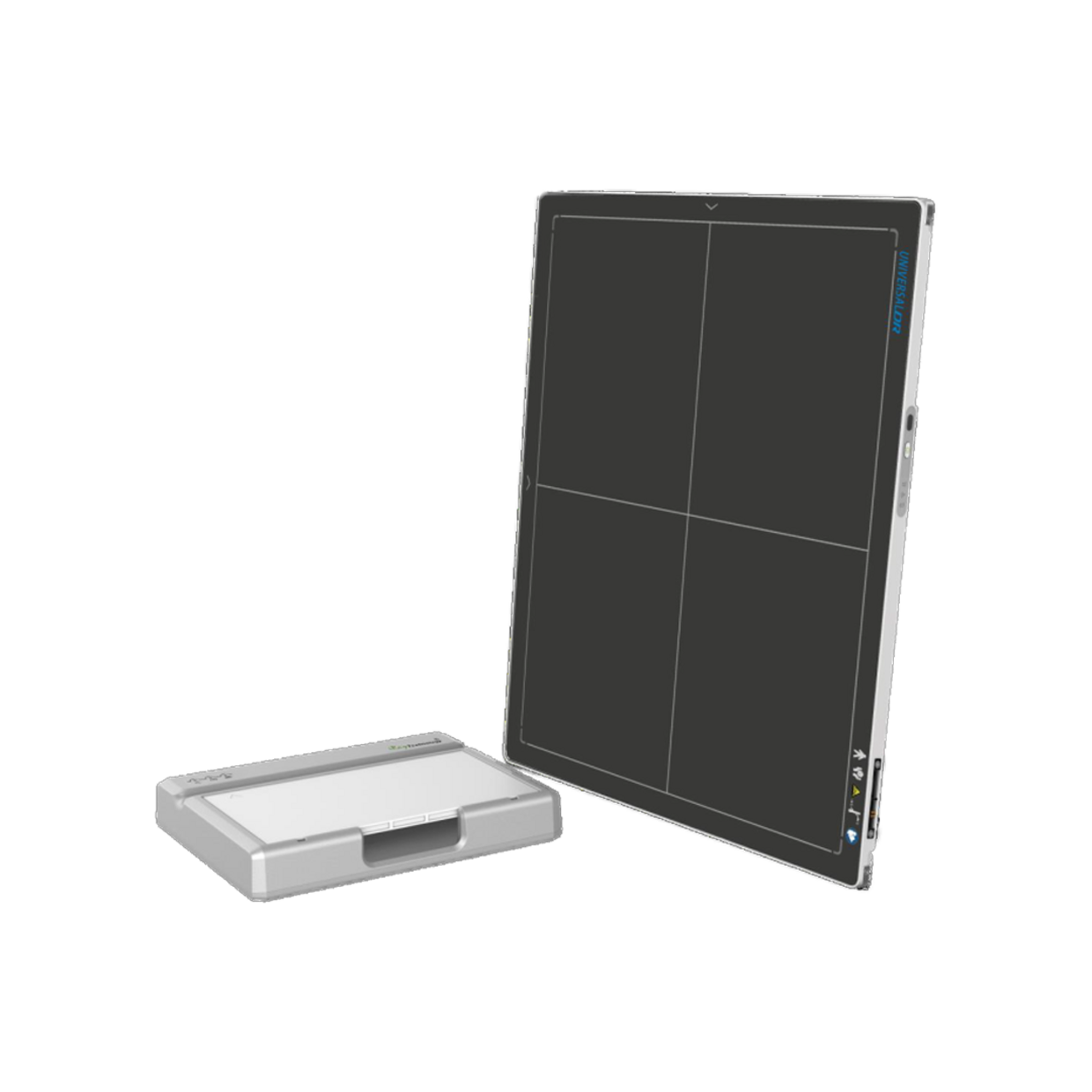 Large pen display/tablet with a dark drawing surface divided into four sections, standing upright next to a small gray docking base.